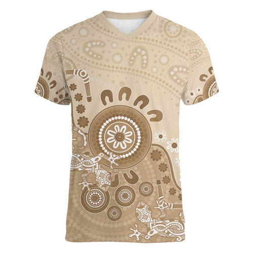 Beige Lizards Australia Women V-Neck T-Shirt Boomerang Indigenous Art - Aussie Hoodie