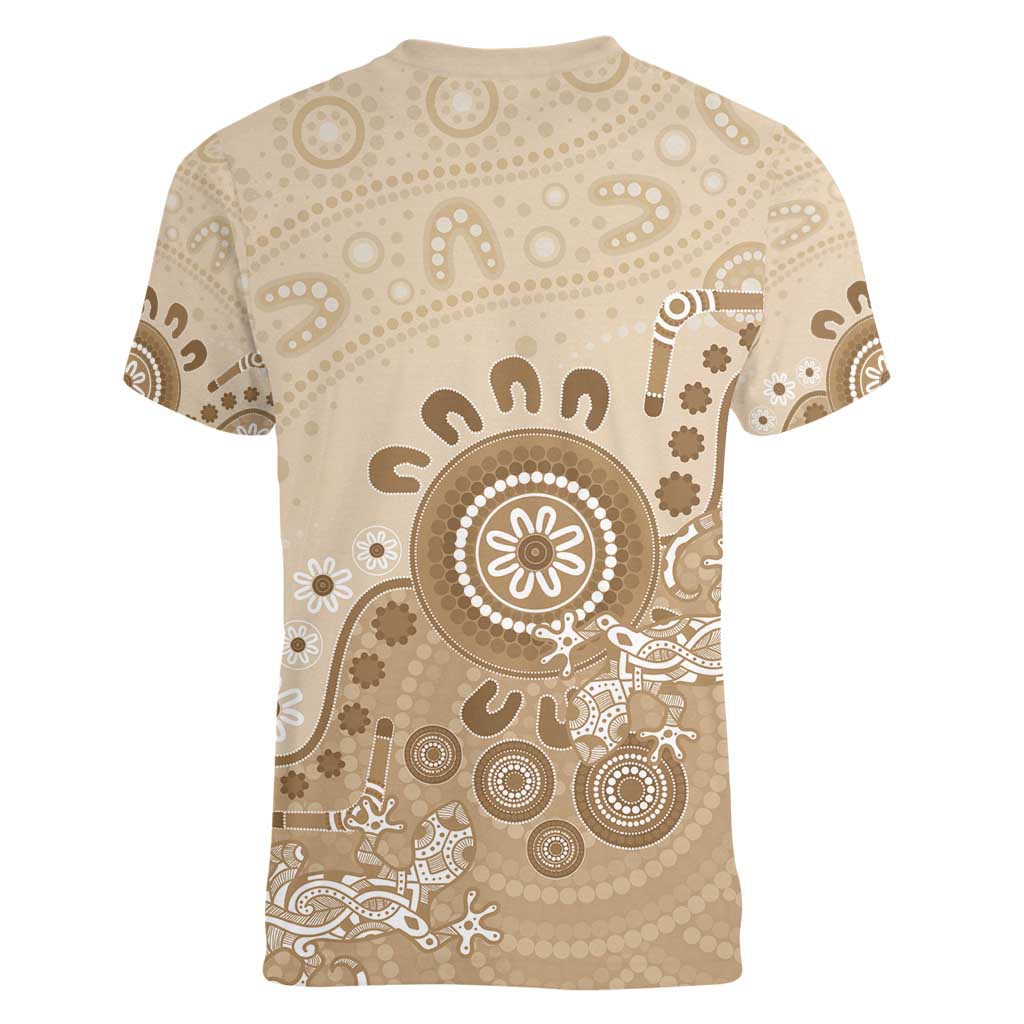Beige Lizards Australia Women V-Neck T-Shirt Boomerang Indigenous Art - Aussie Hoodie