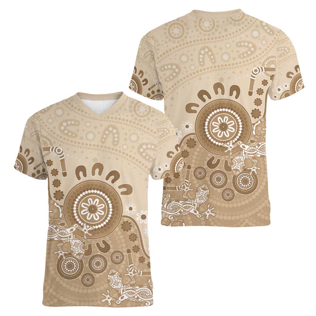 Beige Lizards Australia Women V-Neck T-Shirt Boomerang Indigenous Art - Aussie Hoodie