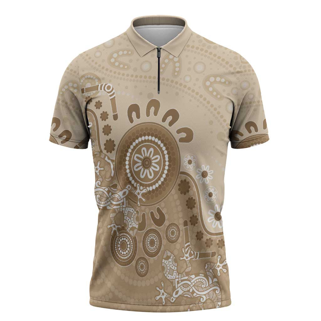 Beige Lizards Australia Zipper Polo Shirt Boomerang Indigenous Art - Aussie Hoodie