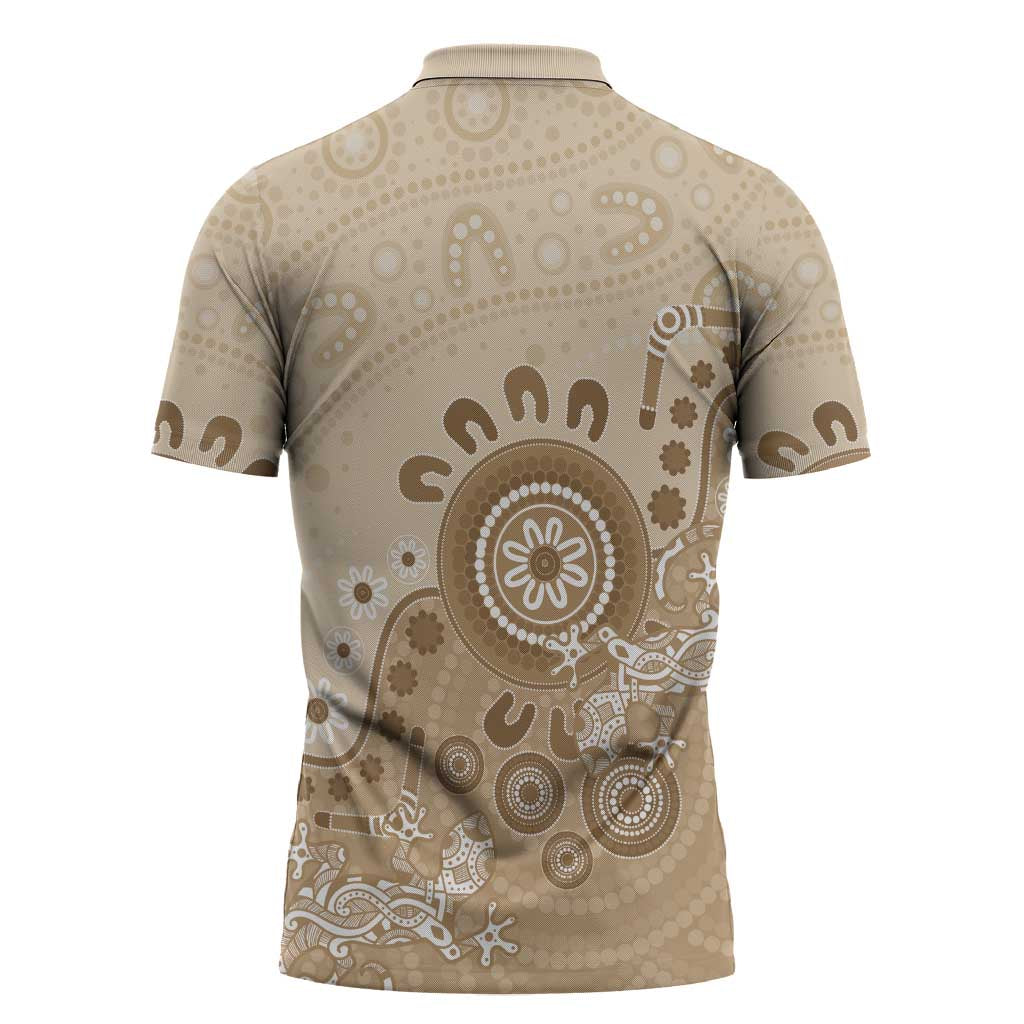 Beige Lizards Australia Zipper Polo Shirt Boomerang Indigenous Art - Aussie Hoodie
