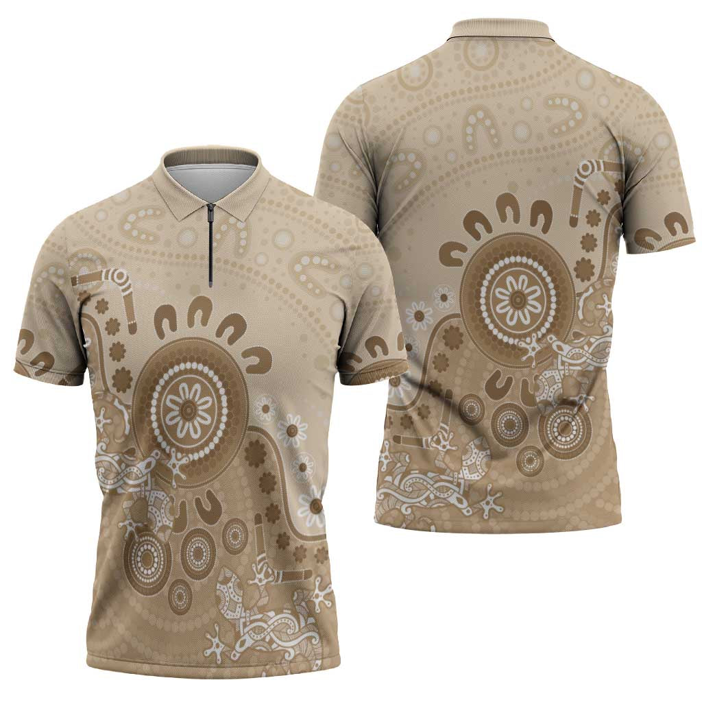 Beige Lizards Australia Zipper Polo Shirt Boomerang Indigenous Art - Aussie Hoodie