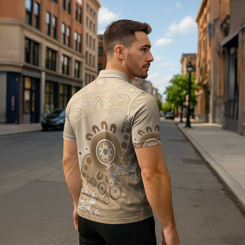 Beige Lizards Australia Zipper Polo Shirt Boomerang Indigenous Art - Aussie Hoodie