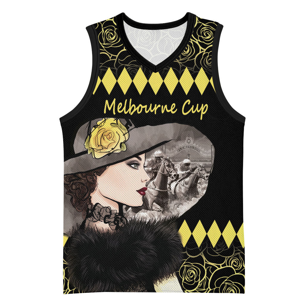 Personalised Melbourne Cup Australia Basketball Jersey Gorgeous Lady Yellow Rose
