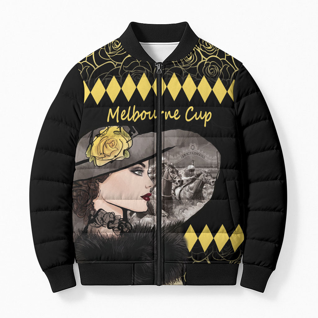 Personalised Melbourne Cup Australia Bomber Puffer Jacket Gorgeous Lady Yellow Rose