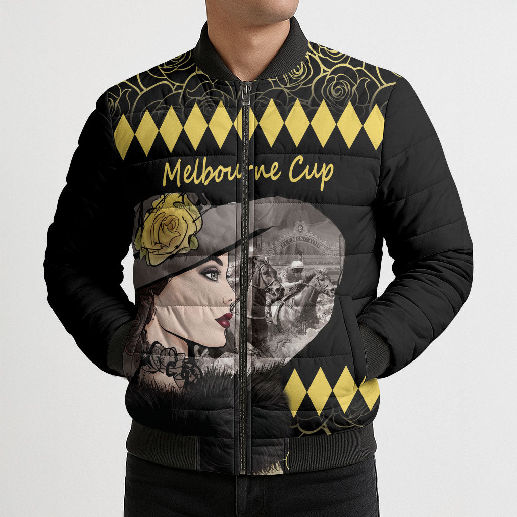 Personalised Melbourne Cup Australia Bomber Puffer Jacket Gorgeous Lady Yellow Rose