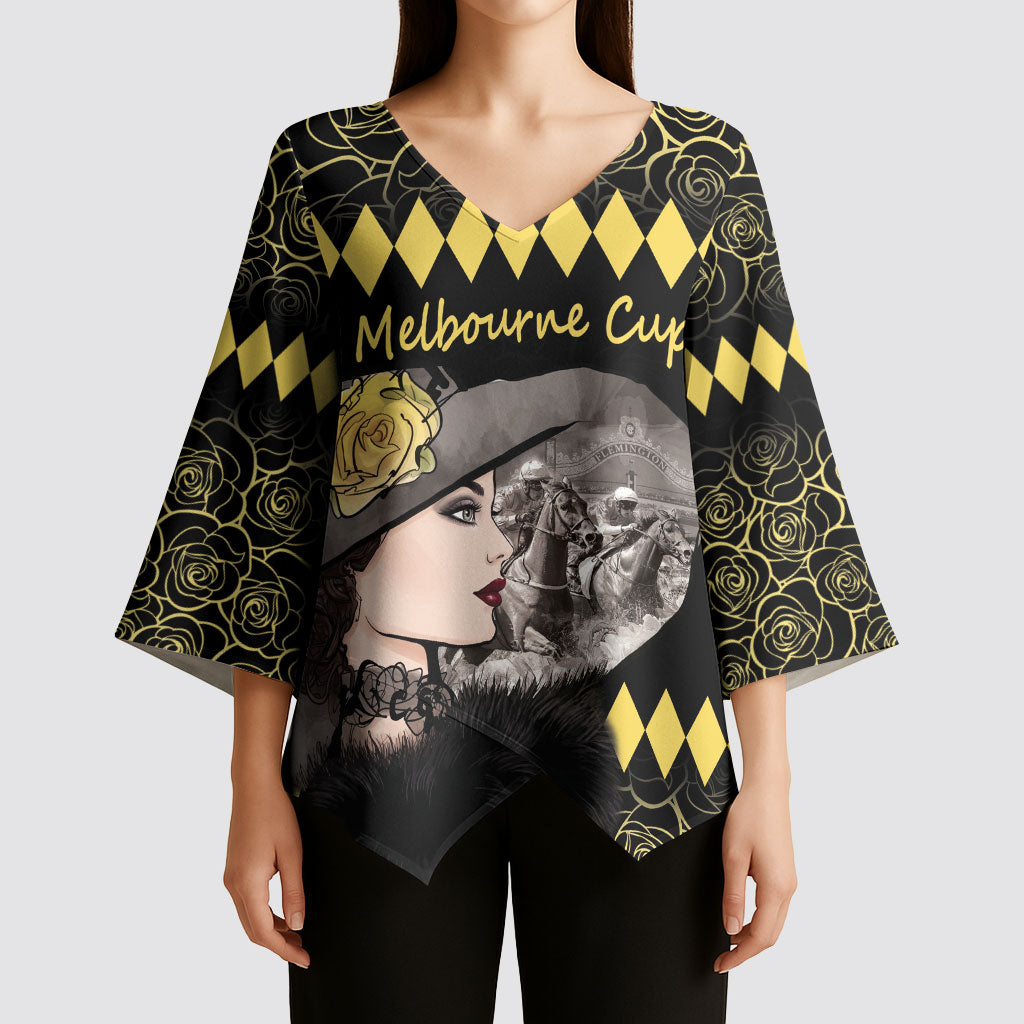 Personalised Melbourne Cup Australia Kimono Sleeve Blouse Gorgeous Lady Yellow Rose
