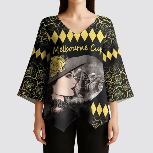 Personalised Melbourne Cup Australia Kimono Sleeve Blouse Gorgeous Lady Yellow Rose