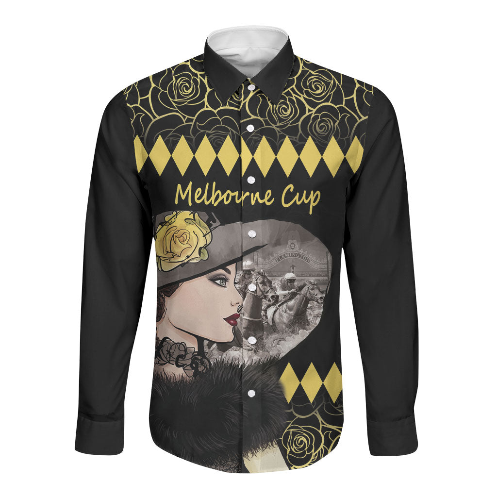 Personalised Melbourne Cup Australia Long Sleeve Button Shirt Gorgeous Lady Yellow Rose