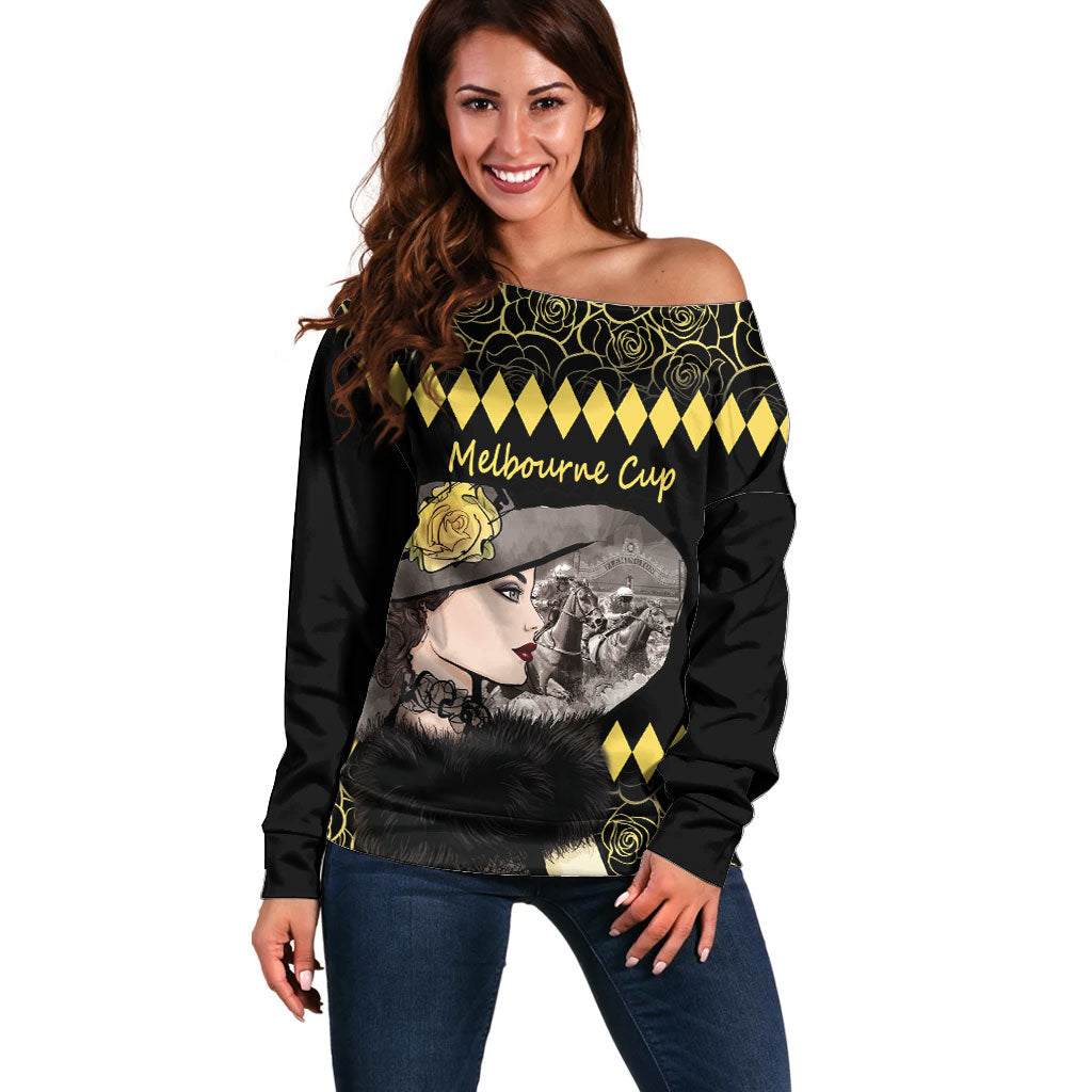 Personalised Melbourne Cup Australia Off Shoulder Sweater Gorgeous Lady Yellow Rose