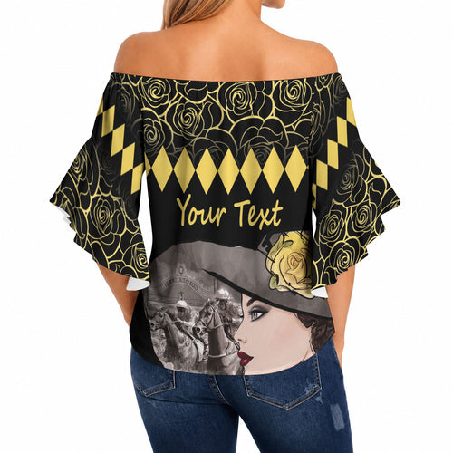 Personalised Melbourne Cup Australia Off Shoulder Wrap Waist Top Gorgeous Lady Yellow Rose