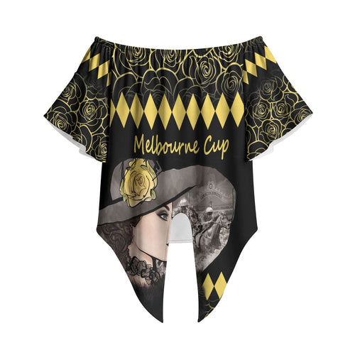 Personalised Melbourne Cup Australia Off Shoulder Wrap Waist Top Gorgeous Lady Yellow Rose