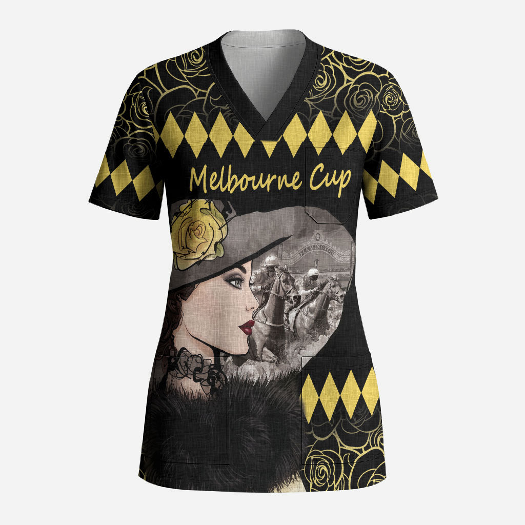 Personalised Melbourne Cup Australia Scrub Top Gorgeous Lady Yellow Rose