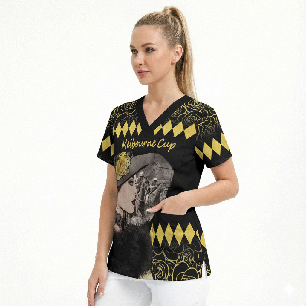 Personalised Melbourne Cup Australia Scrub Top Gorgeous Lady Yellow Rose