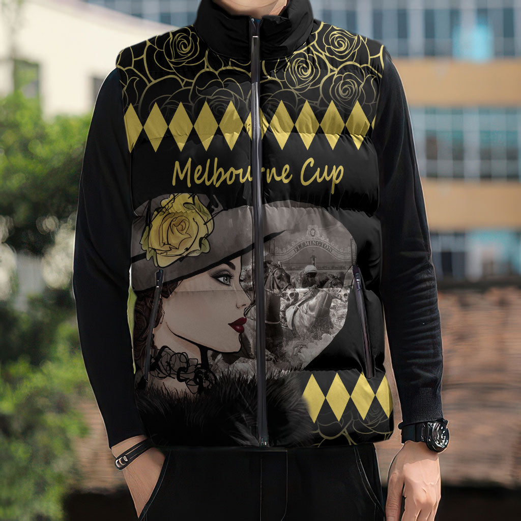 Personalised Melbourne Cup Australia Sleeveless Puffer Jacket Gorgeous Lady Yellow Rose