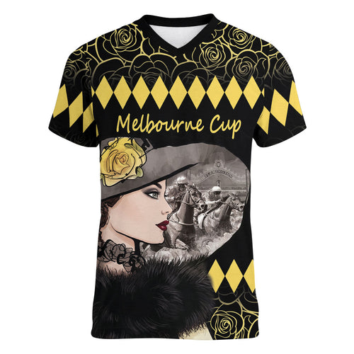 Personalised Melbourne Cup Australia Women V-Neck T-Shirt Gorgeous Lady Yellow Rose