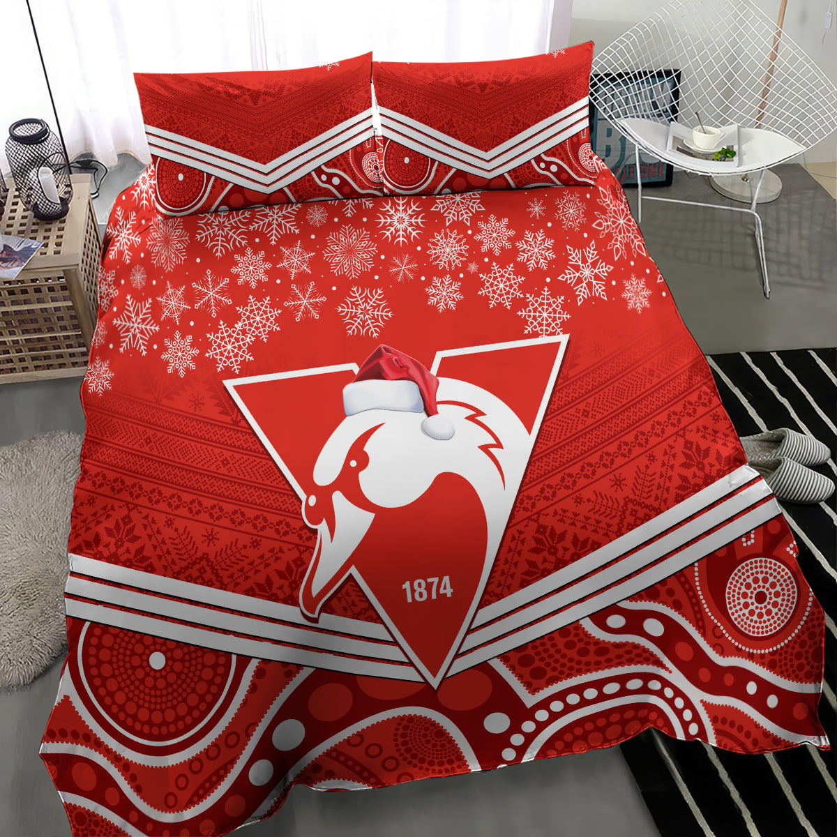 personalised-swans-football-christmas-bedding-set-merry-xmas-2023-mix-aboriginal-art