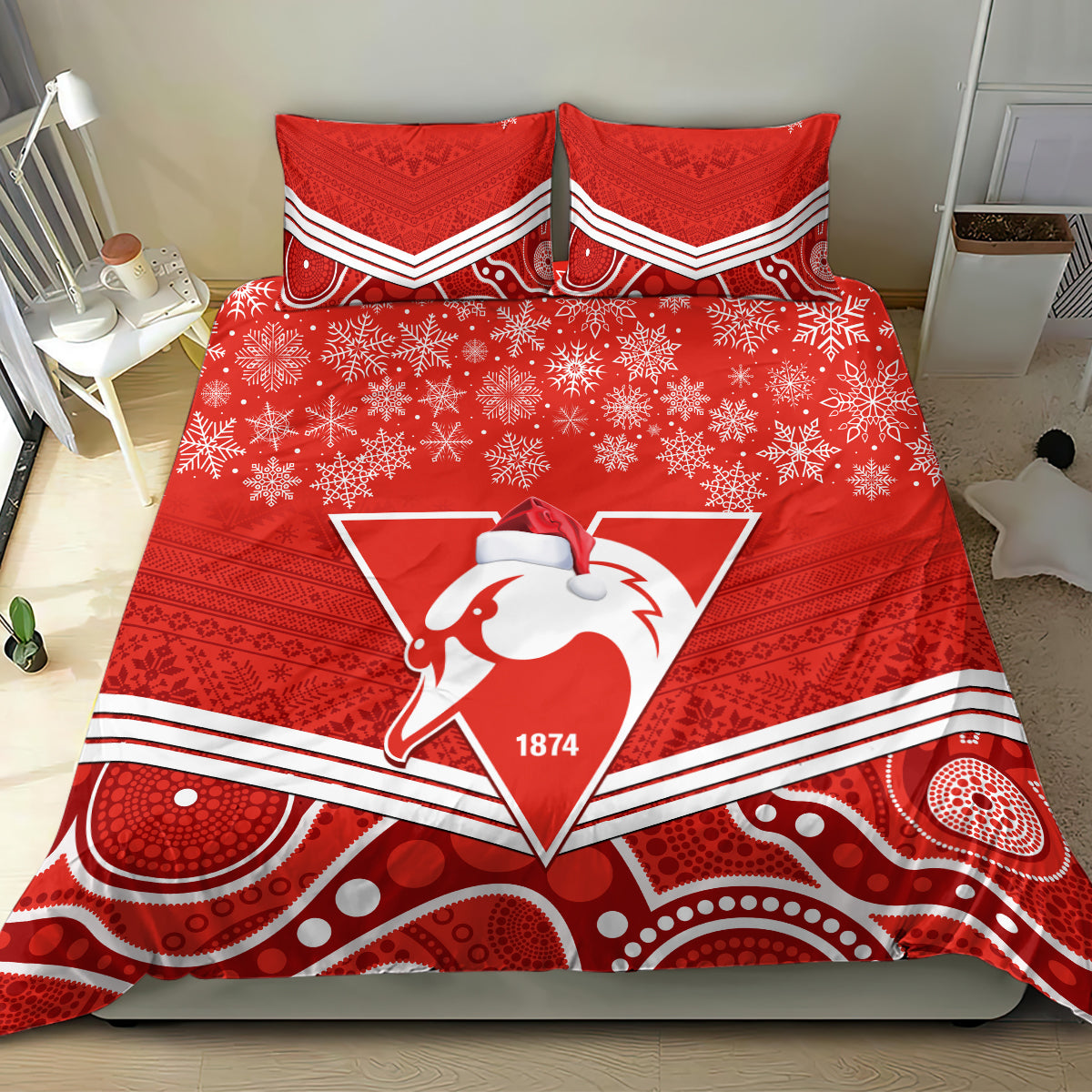 personalised-swans-football-christmas-bedding-set-merry-xmas-2023-mix-aboriginal-art