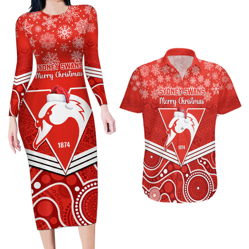personalised-swans-football-christmas-couples-matching-long-sleeve-bodycon-dress-and-hawaiian-shirt-merry-xmas-2023-mix-aboriginal-art