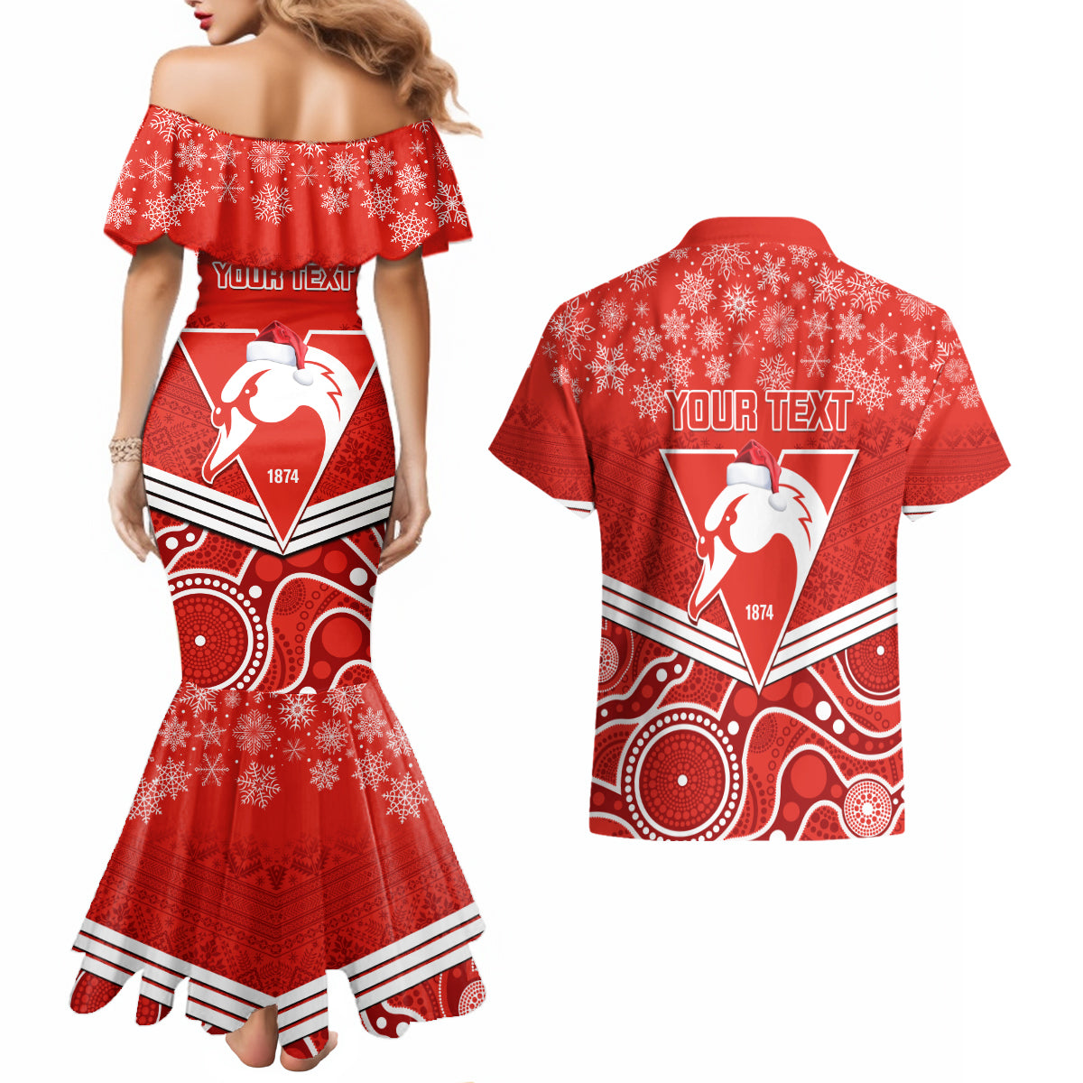 personalised-swans-football-christmas-couples-matching-mermaid-dress-and-hawaiian-shirt-merry-xmas-2023-mix-aboriginal-art