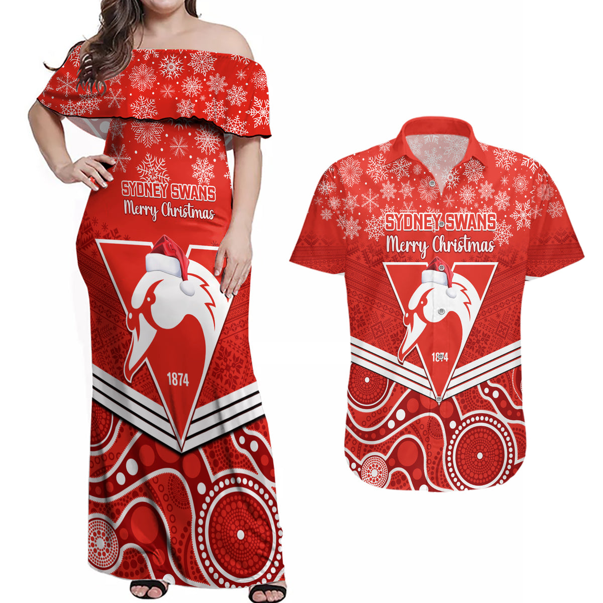personalised-swans-football-christmas-couples-matching-off-shoulder-maxi-dress-and-hawaiian-shirt-merry-xmas-2023-mix-aboriginal-art