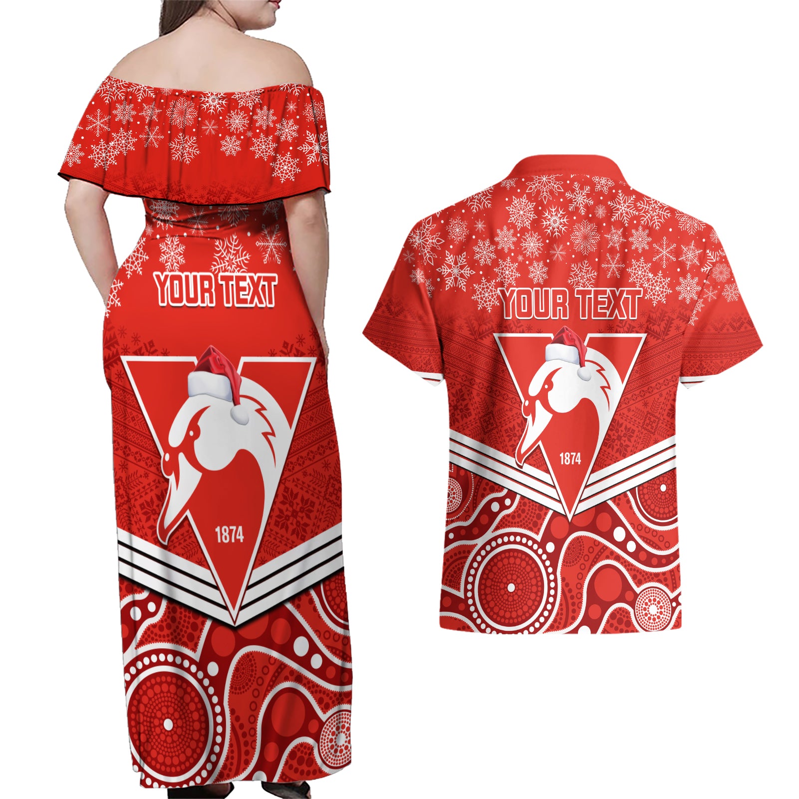 personalised-swans-football-christmas-couples-matching-off-shoulder-maxi-dress-and-hawaiian-shirt-merry-xmas-2023-mix-aboriginal-art