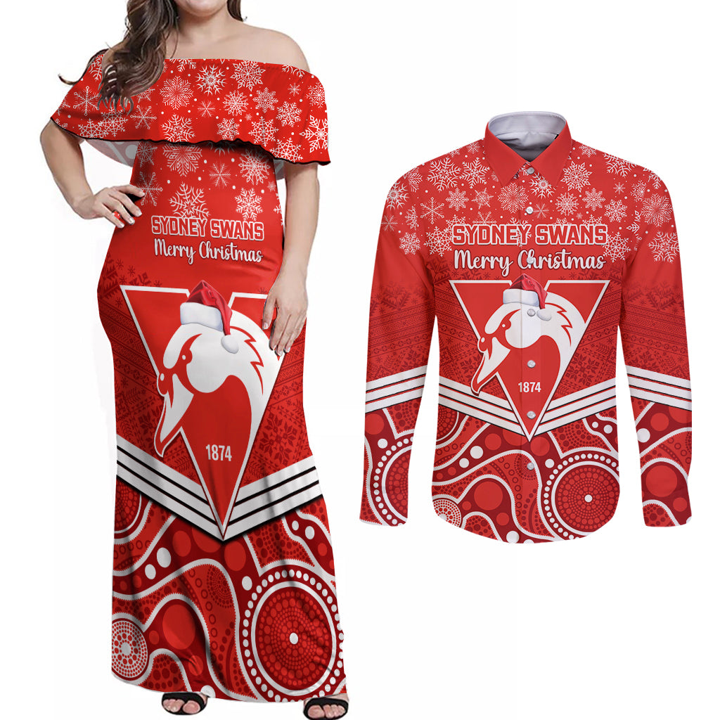 personalised-swans-football-christmas-couples-matching-off-shoulder-maxi-dress-and-long-sleeve-button-shirt-merry-xmas-2023-mix-aboriginal-art