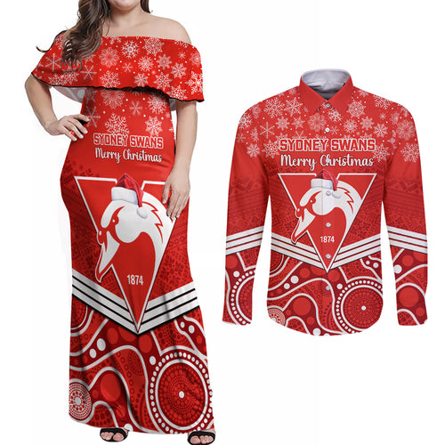 personalised-swans-football-christmas-couples-matching-off-shoulder-maxi-dress-and-long-sleeve-button-shirt-merry-xmas-2023-mix-aboriginal-art
