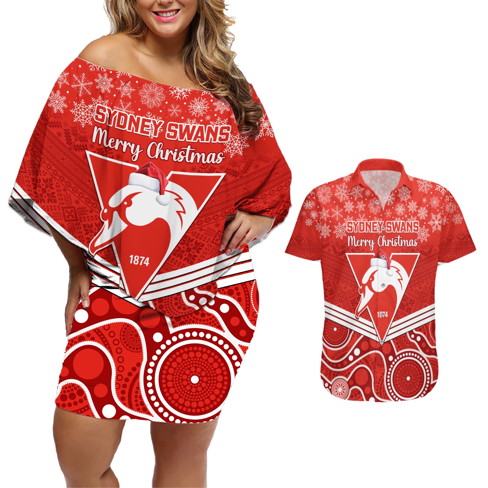 personalised-swans-football-christmas-couples-matching-off-shoulder-short-dress-and-hawaiian-shirt-merry-xmas-2023-mix-aboriginal-art