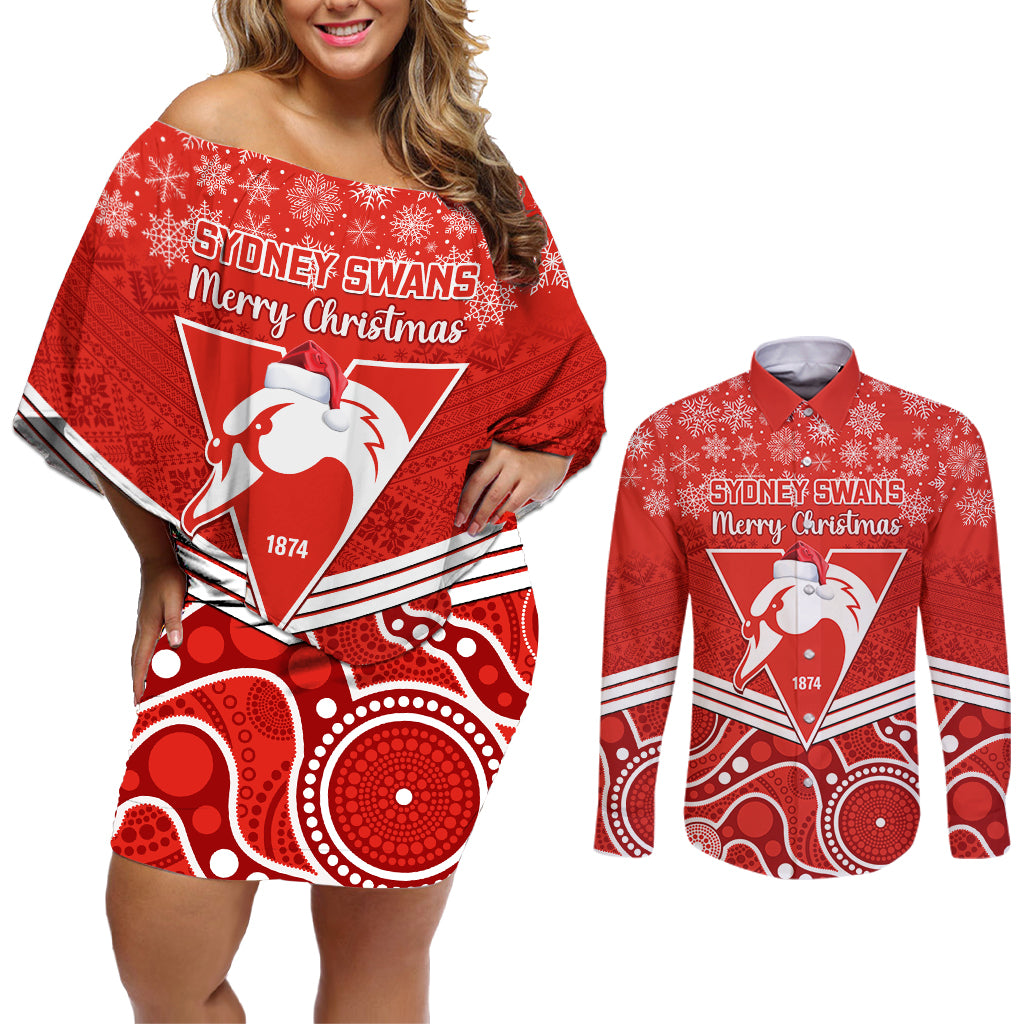 personalised-swans-football-christmas-couples-matching-off-shoulder-short-dress-and-long-sleeve-button-shirt-merry-xmas-2023-mix-aboriginal-art