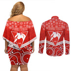 personalised-swans-football-christmas-couples-matching-off-shoulder-short-dress-and-long-sleeve-button-shirt-merry-xmas-2023-mix-aboriginal-art