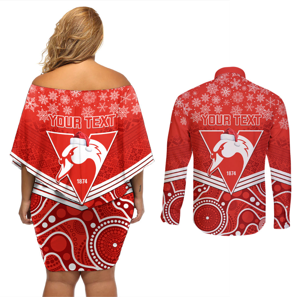personalised-swans-football-christmas-couples-matching-off-shoulder-short-dress-and-long-sleeve-button-shirt-merry-xmas-2023-mix-aboriginal-art