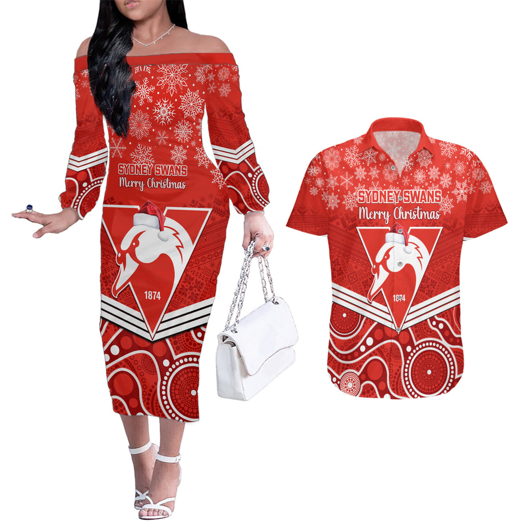 personalised-swans-football-christmas-couples-matching-off-the-shoulder-long-sleeve-dress-and-hawaiian-shirt-merry-xmas-2023-mix-aboriginal-art