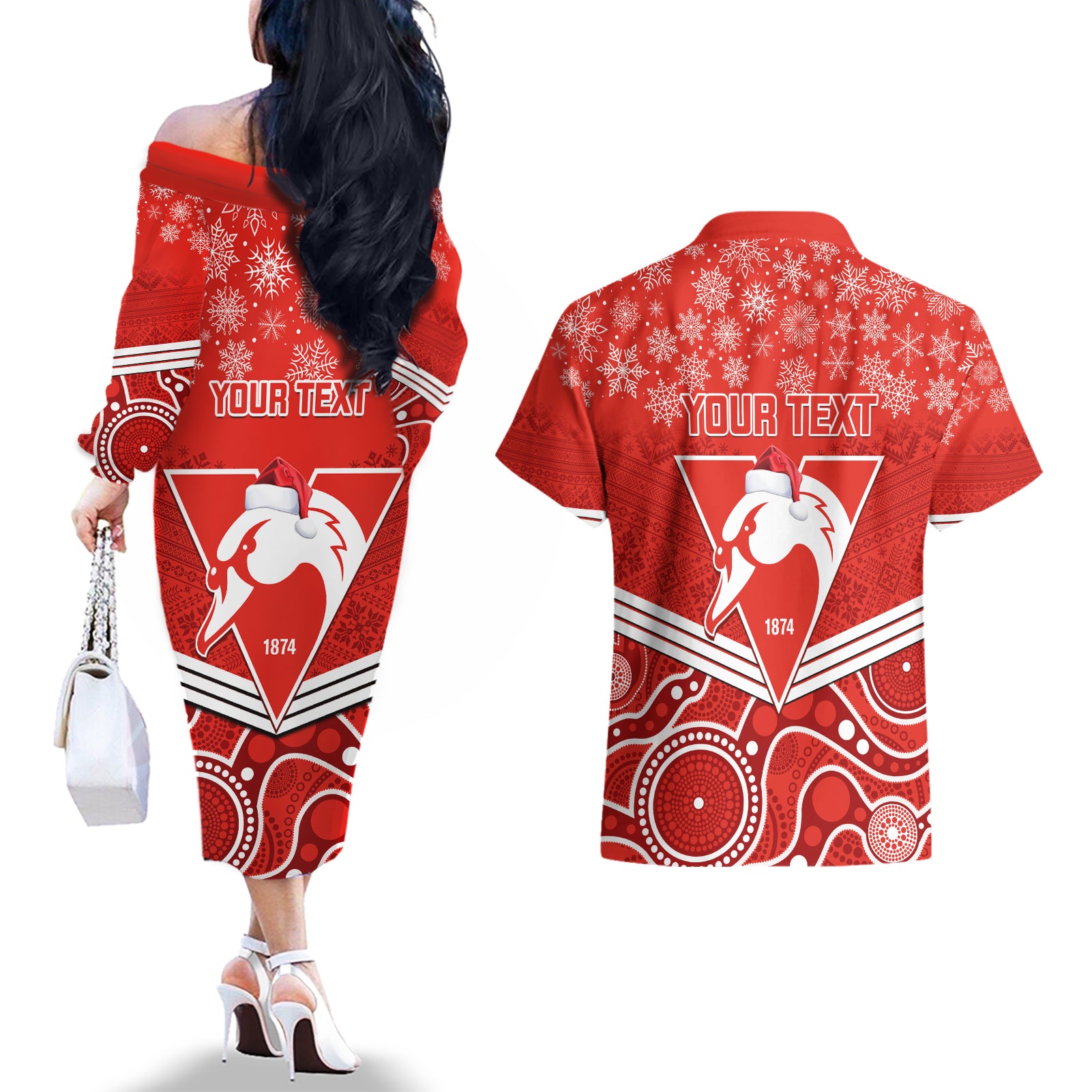 personalised-swans-football-christmas-couples-matching-off-the-shoulder-long-sleeve-dress-and-hawaiian-shirt-merry-xmas-2023-mix-aboriginal-art