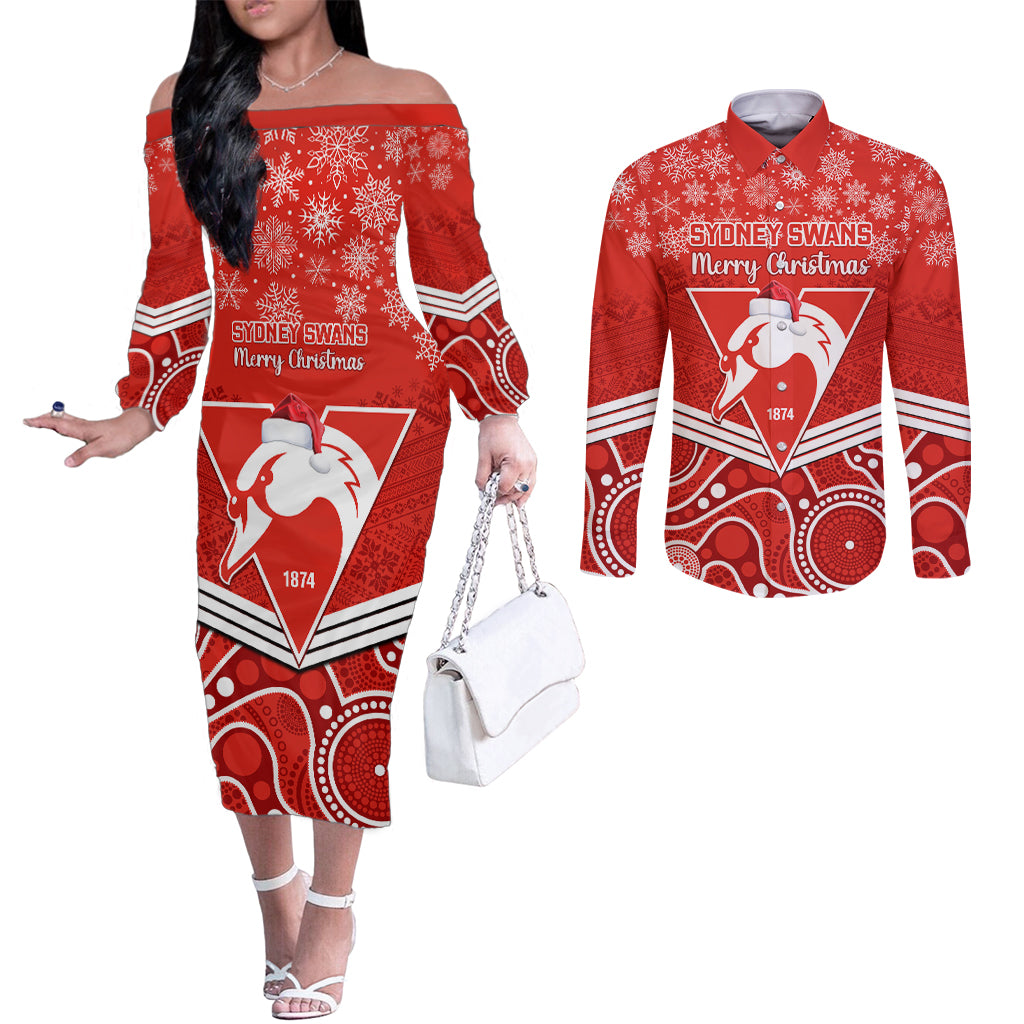 personalised-swans-football-christmas-couples-matching-off-the-shoulder-long-sleeve-dress-and-long-sleeve-button-shirt-merry-xmas-2023-mix-aboriginal-art