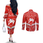 personalised-swans-football-christmas-couples-matching-off-the-shoulder-long-sleeve-dress-and-long-sleeve-button-shirt-merry-xmas-2023-mix-aboriginal-art