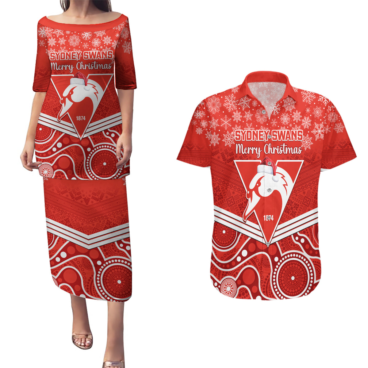 personalised-swans-football-christmas-couples-matching-puletasi-dress-and-hawaiian-shirt-merry-xmas-2023-mix-aboriginal-art
