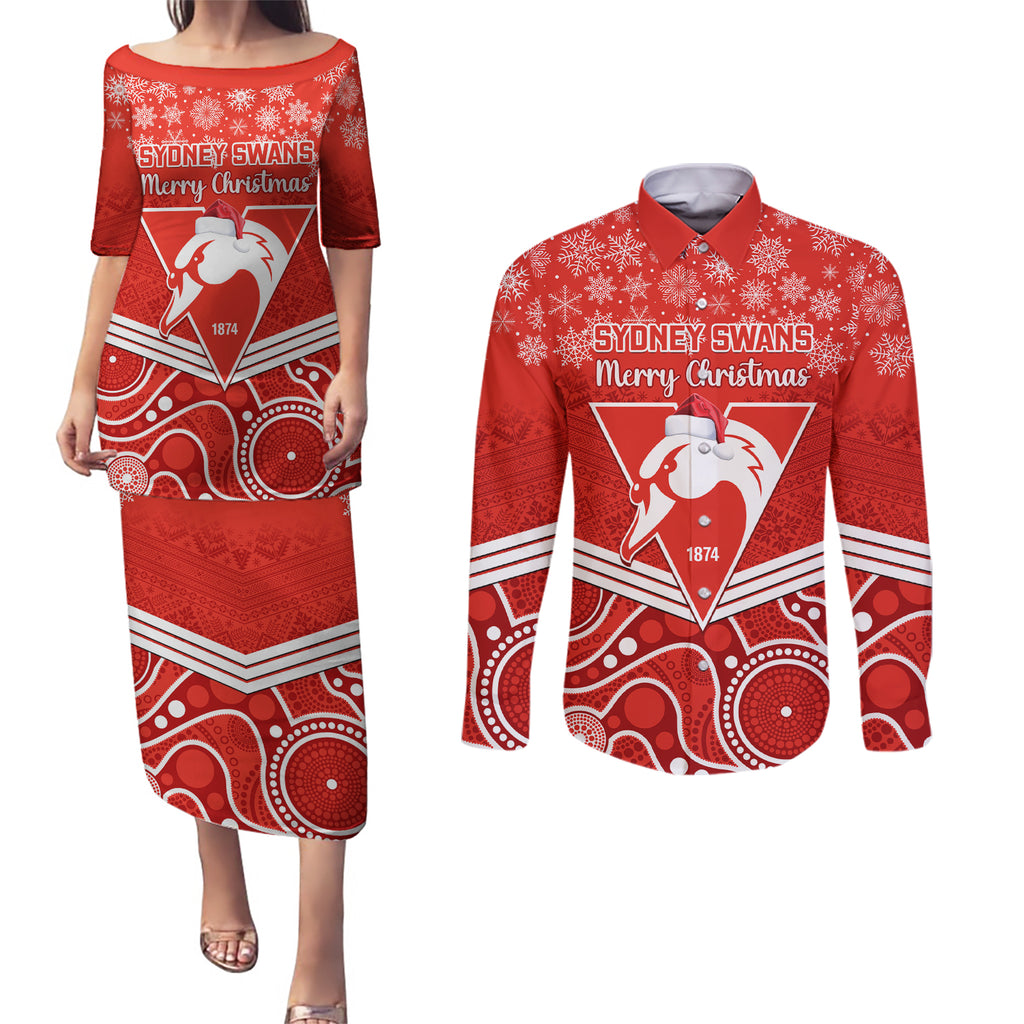 personalised-swans-football-christmas-couples-matching-puletasi-dress-and-long-sleeve-button-shirt-merry-xmas-2023-mix-aboriginal-art
