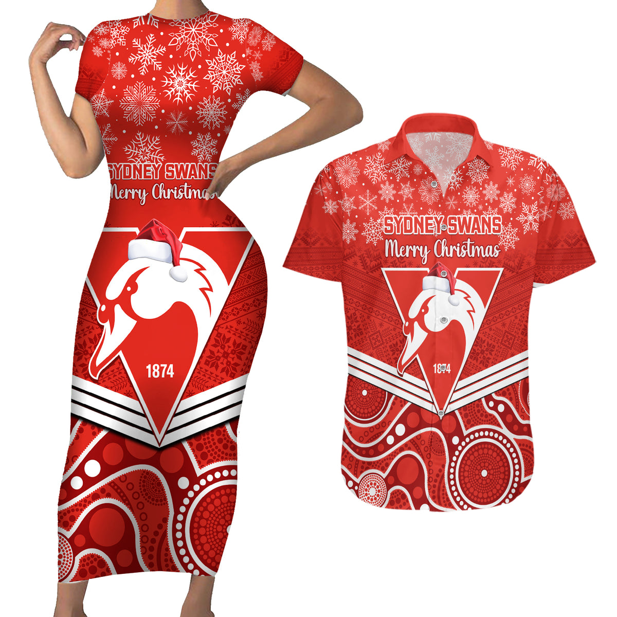 personalised-swans-football-christmas-couples-matching-short-sleeve-bodycon-dress-and-hawaiian-shirt-merry-xmas-2023-mix-aboriginal-art
