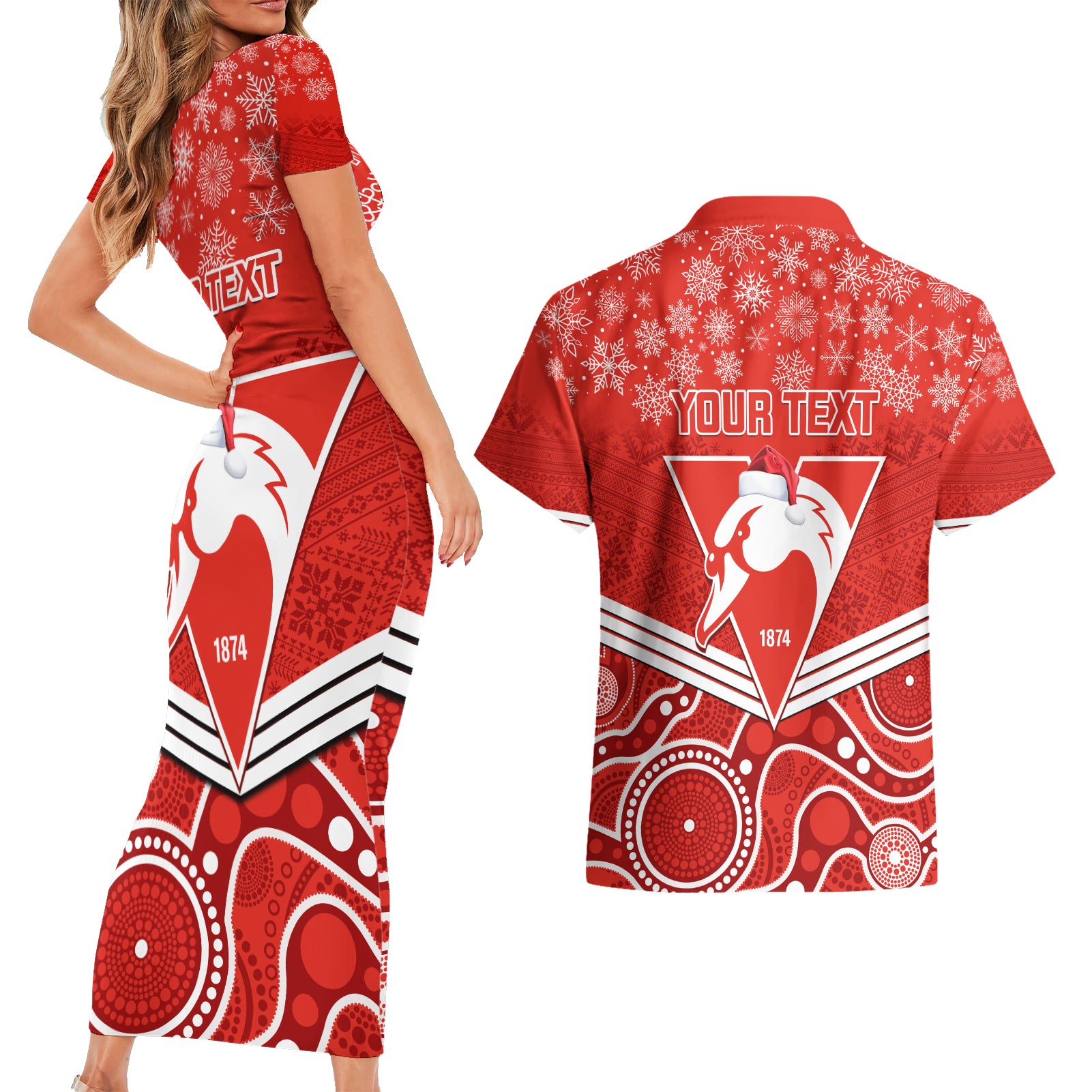 personalised-swans-football-christmas-couples-matching-short-sleeve-bodycon-dress-and-hawaiian-shirt-merry-xmas-2023-mix-aboriginal-art
