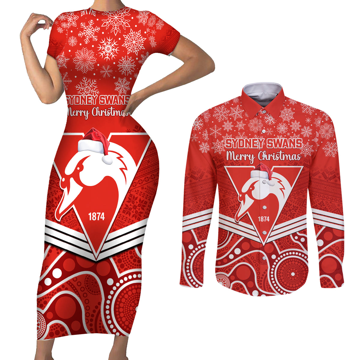 personalised-swans-football-christmas-couples-matching-short-sleeve-bodycon-dress-and-long-sleeve-button-shirt-merry-xmas-2023-mix-aboriginal-art