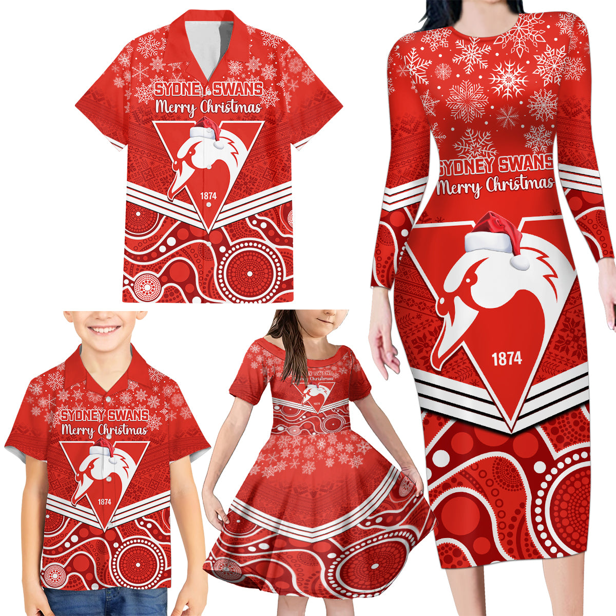 personalised-swans-football-christmas-family-matching-long-sleeve-bodycon-dress-and-hawaiian-shirt-merry-xmas-2023-mix-aboriginal-art
