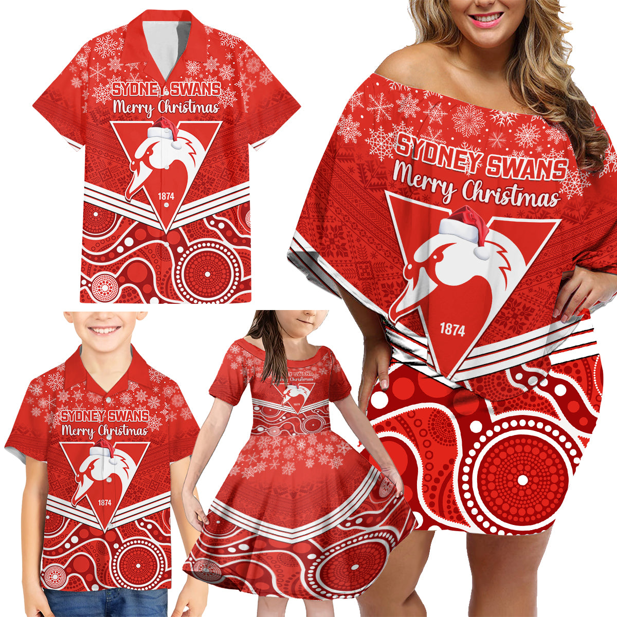 personalised-swans-football-christmas-family-matching-off-shoulder-short-dress-and-hawaiian-shirt-merry-xmas-2023-mix-aboriginal-art