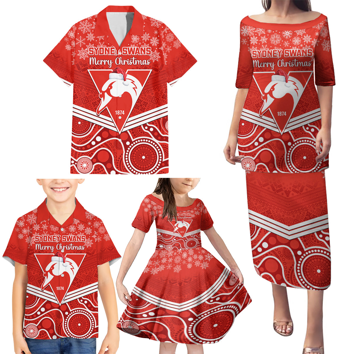 personalised-swans-football-christmas-family-matching-puletasi-dress-and-hawaiian-shirt-merry-xmas-2023-mix-aboriginal-art