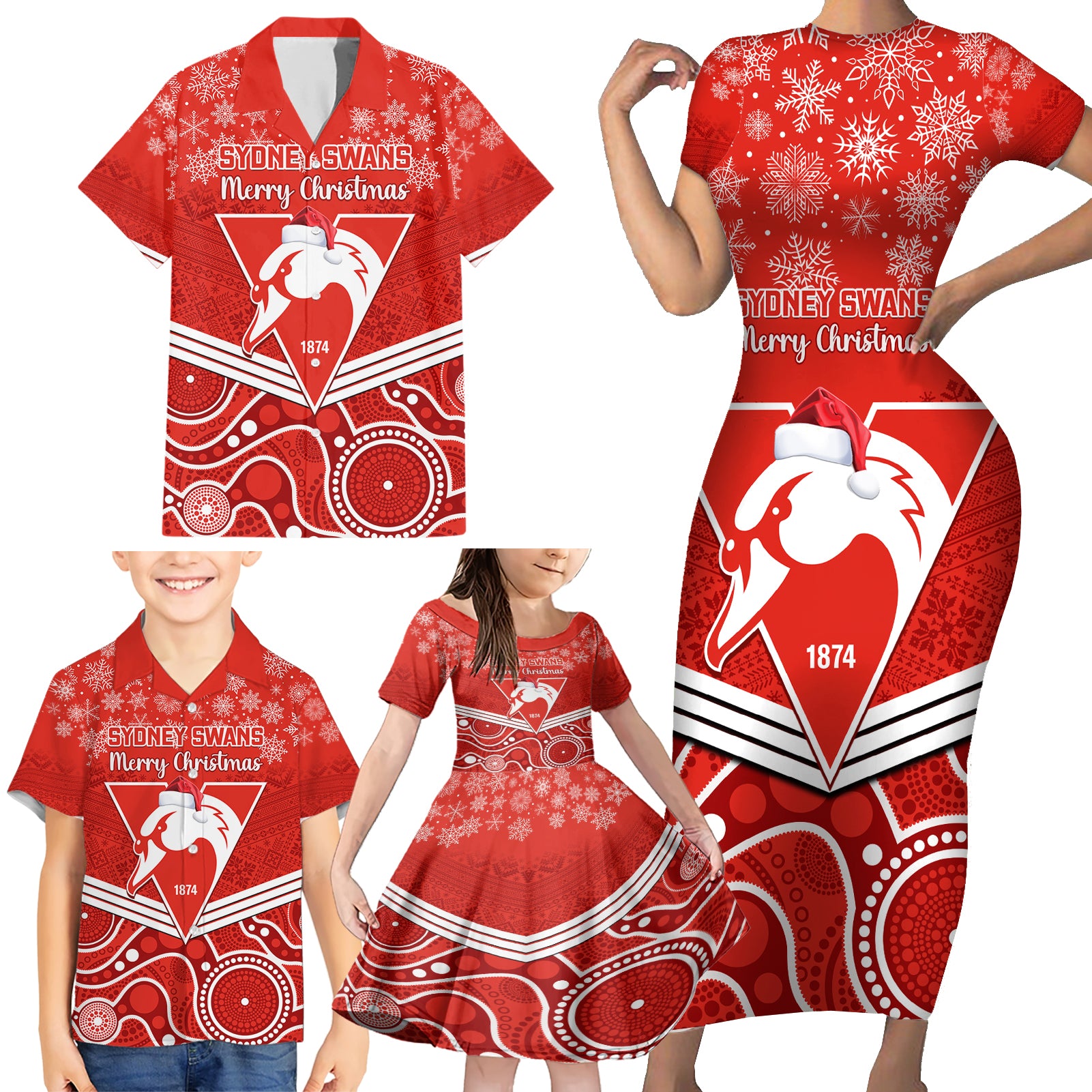 personalised-swans-football-christmas-family-matching-short-sleeve-bodycon-dress-and-hawaiian-shirt-merry-xmas-2023-mix-aboriginal-art