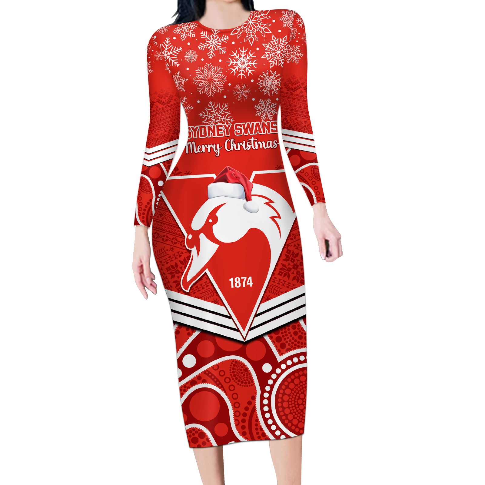 personalised-swans-football-christmas-long-sleeve-bodycon-dress-merry-xmas-2023-mix-aboriginal-art