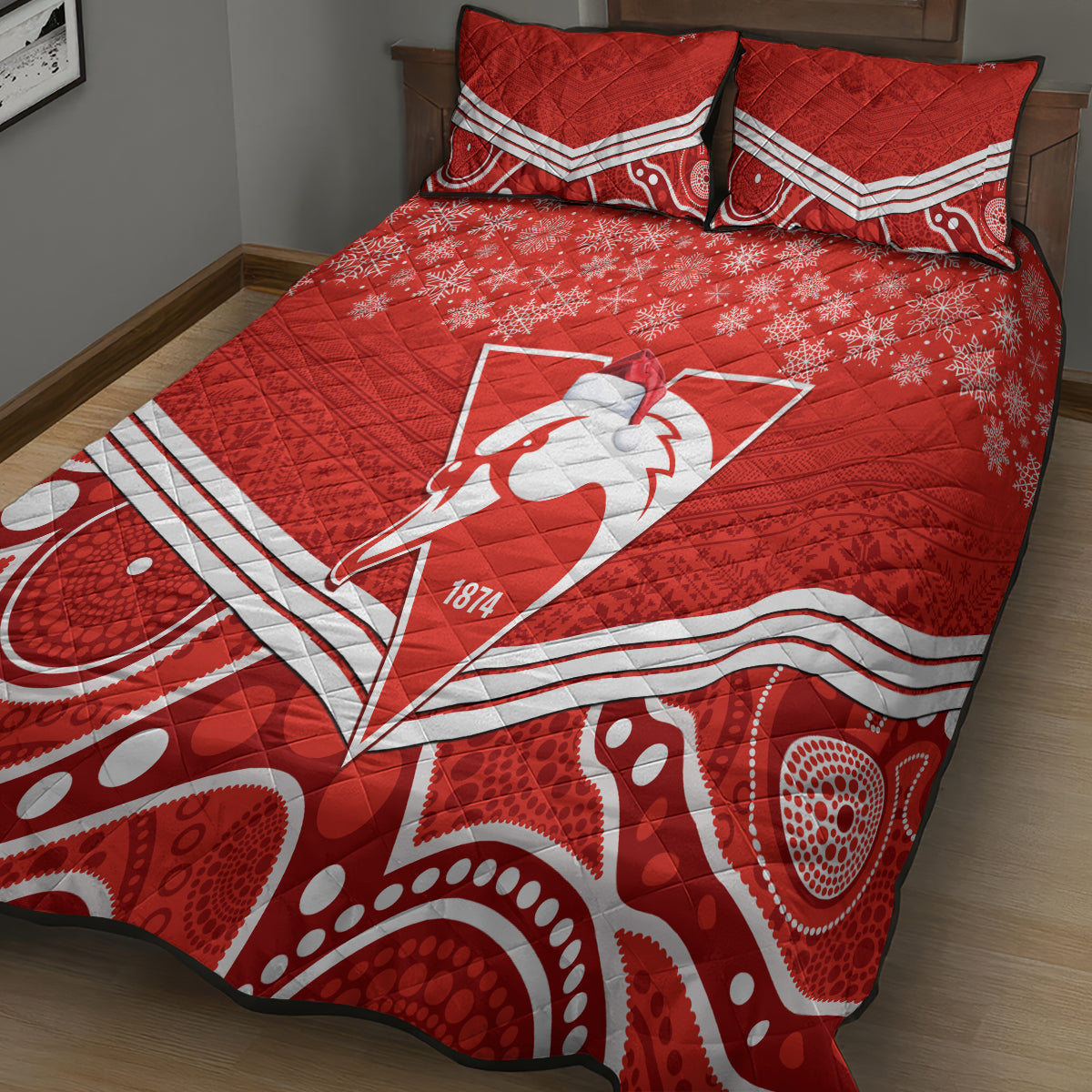 personalised-swans-football-christmas-quilt-bed-set-merry-xmas-2023-mix-aboriginal-art