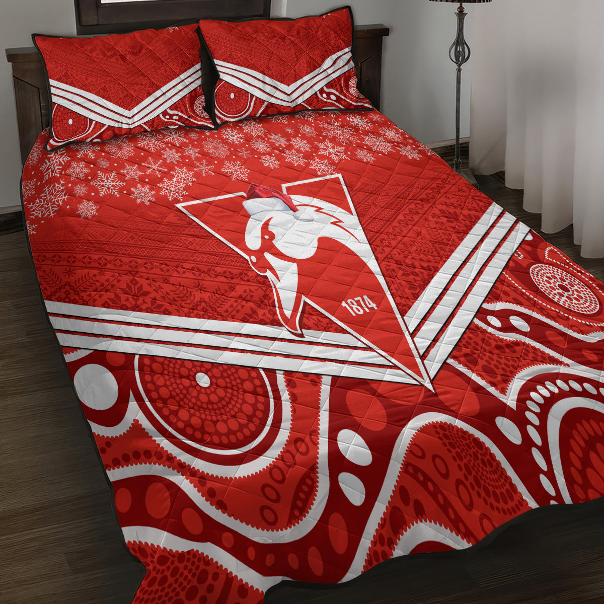 personalised-swans-football-christmas-quilt-bed-set-merry-xmas-2023-mix-aboriginal-art
