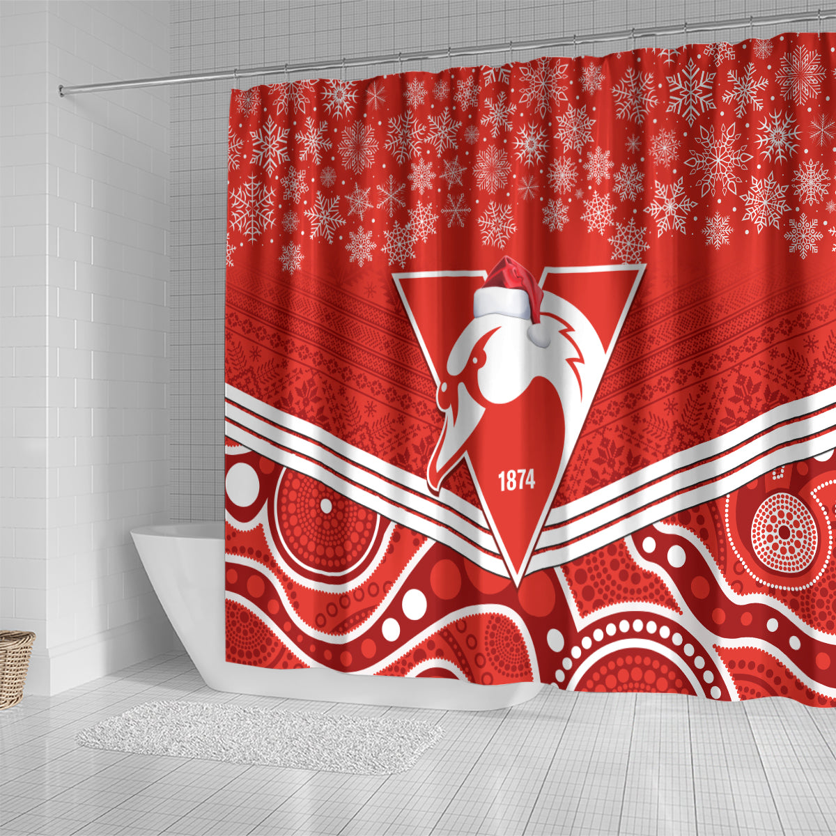 personalised-swans-football-christmas-shower-curtain-merry-xmas-2023-mix-aboriginal-art