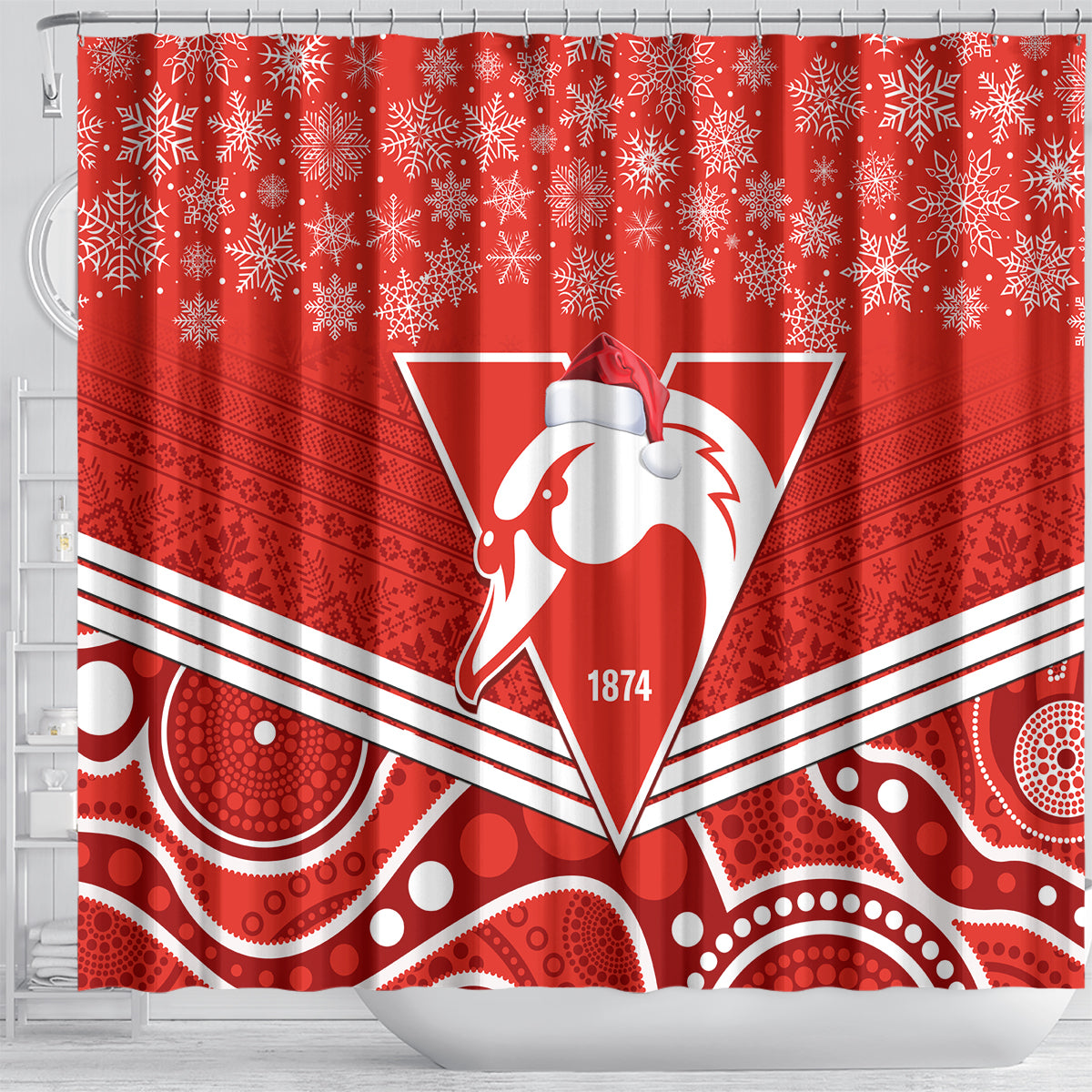 personalised-swans-football-christmas-shower-curtain-merry-xmas-2023-mix-aboriginal-art